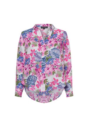 Bloemige long-sleeve shirt met een mix van roze, blauw en groene patronen. Heeft een kraag en een afgeronde zoom. Gemaakt van lichtgewicht stof.