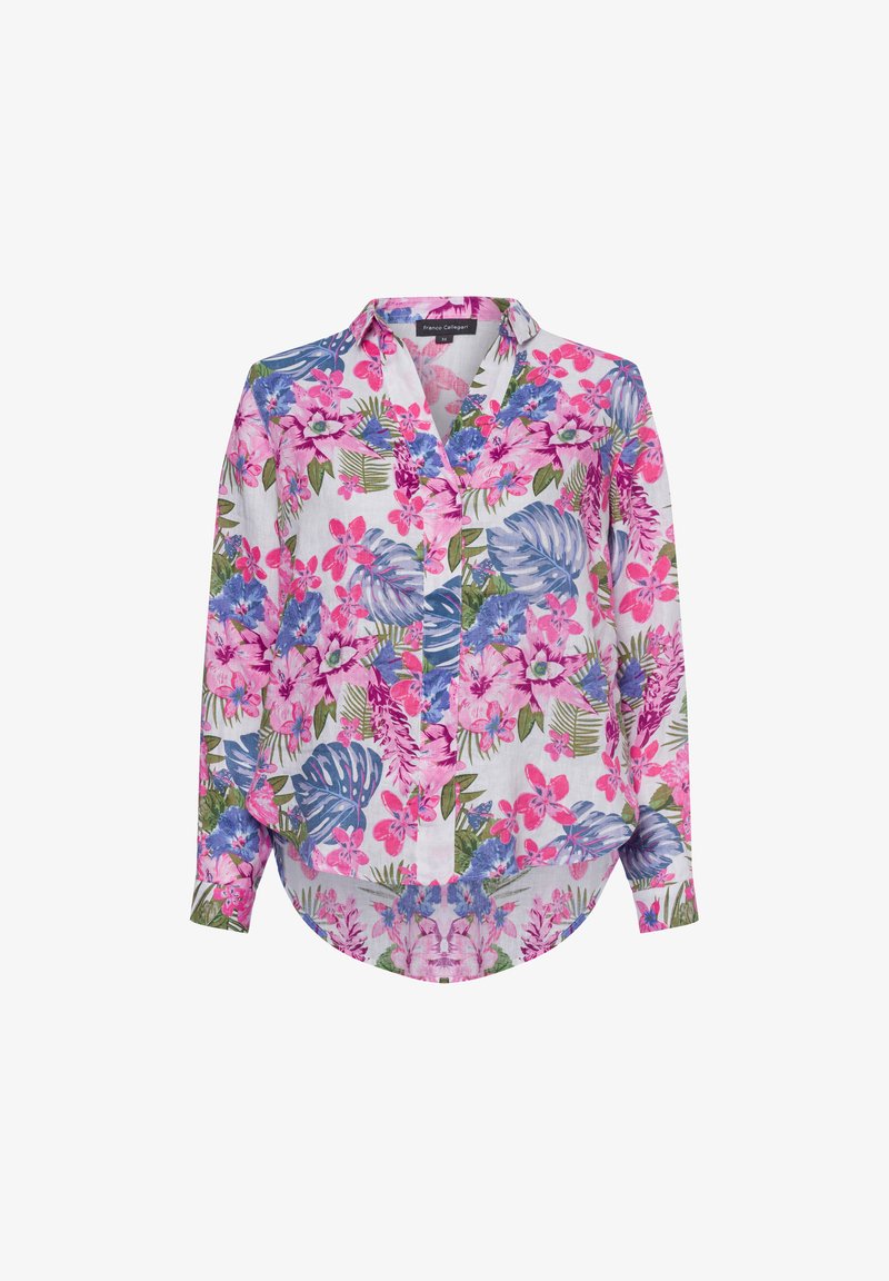 Bloemige long-sleeve shirt met een mix van roze, blauw en groene patronen. Heeft een kraag en een afgeronde zoom. Gemaakt van lichtgewicht stof.