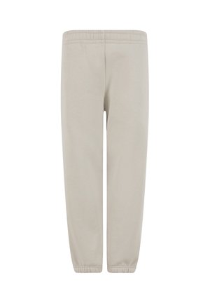 Beige sweatpants med elastisk taljebånd og manchetter, lavet af blødt stof, vist forfra på hvid baggrund.