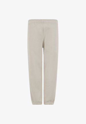 Beige sweatpants met elastische tailleband en omgeslagen boorden, gemaakt van zachte stof, frontaal weergegeven op een witte achtergrond.
