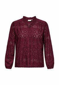 Burgundska čipkasta bluzica z nabranim ovratnikom, dolgimi rokavi in zapletenimi izrezi po celotnem materialu. Oblika V-izreza.