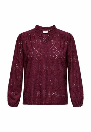 Bordeaux kantblouse met een rimpelnekline, lange mouwen en ingewikkelde uitsnijdingen door de stof. V-hals ontwerp.