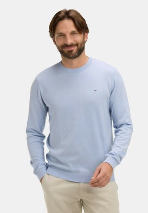 Homme barbu portant un pull bleu clair et un pantalon beige, souriant avec une main dans la poche, sur fond uni.
