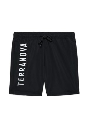 Pantaloncini da bagno neri con vita elasticizzata, coulisse frontale, tasche laterali e scritta verticale bianca "TERRANOVA" sulla gamba sinistra.