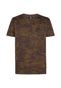 Bruine t-shirt met een print van een bos en bergen, korte mouwen, ronde hals en een zachte textuur. Subtiele branding aan de voorkant.