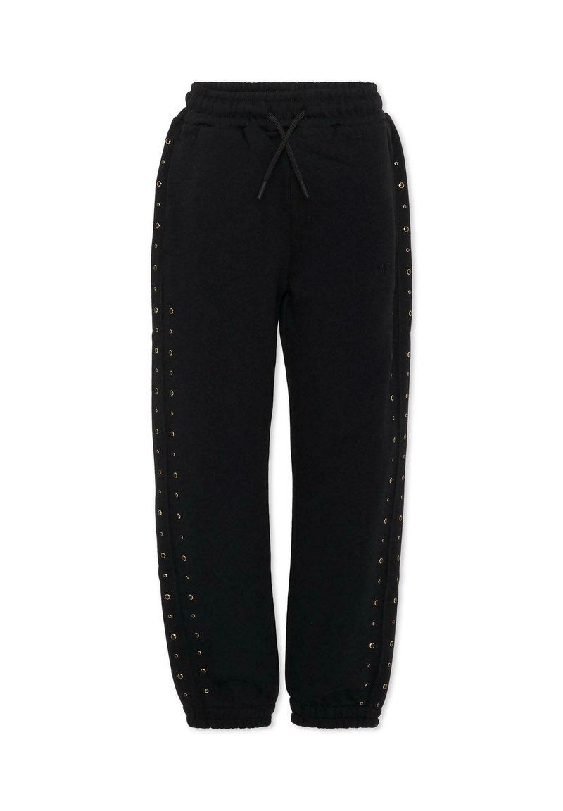 Zwarte sweatpants met elastische tailleband en trekkoord, voorzien van gouden oogjes langs de zijnaad en aansluitende boorden.