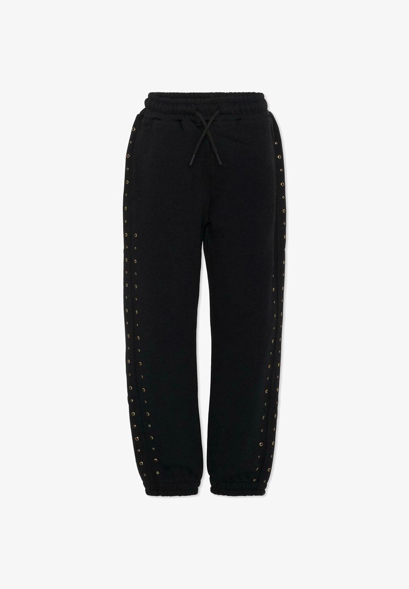 Pantaloni della tuta neri con vita elastica e cordino, dotati di dettagli in ottone lungo le cuciture laterali e polsini aderenti.