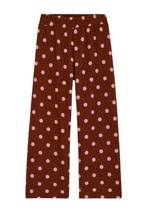Brązowe spodnie o szerokich nogawkach w różowe grochy, z elastycznym paskiem w talii, wykonane z teksturowanej tkaniny.