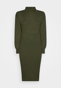 Robe midi vert olive chiné en maille douce, dotée d'un col montant, de manches longues, d'une silhouette cintrée et de poignets ajustés.