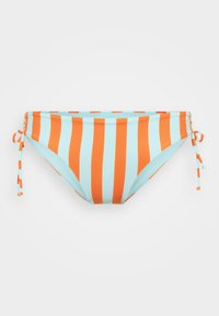 Striped bikini bottom in light blue and orange. Features side ties for adjustment and a soft, smooth fabric.