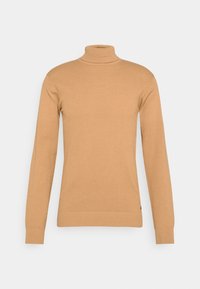 Beige Rollkragensweater mit strukturiertem Muster, langen Ärmeln und gerippten Bündchen sowie Saum. Der Stoff wirkt weich und dehnbar.