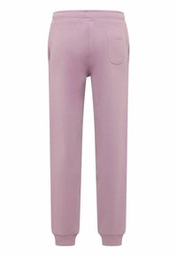 Lila katoenen joggingbroek met een trekkoord in de taille, zijzakken en een enkele achterzak, afgewerkt met geribbelde boorden. Soepele textuur.