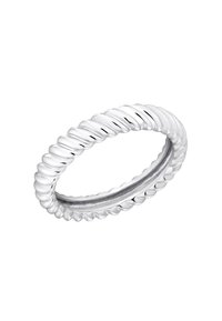 Anillo de plata retorcido con un acabado pulido. Presenta una textura en relieves alrededor de la superficie exterior, mostrando una forma circular y un interior suave.