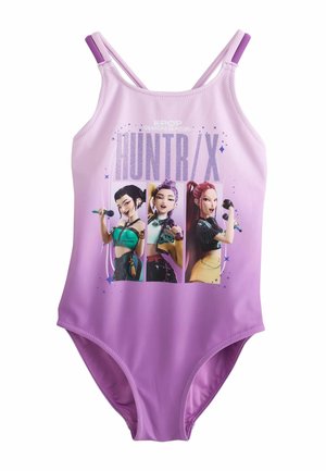 Purple one-piece swimsuit with thin straps, featuring animated female K-pop characters and the text "KPOP Demon Hunters HUNTR/X" on the front.