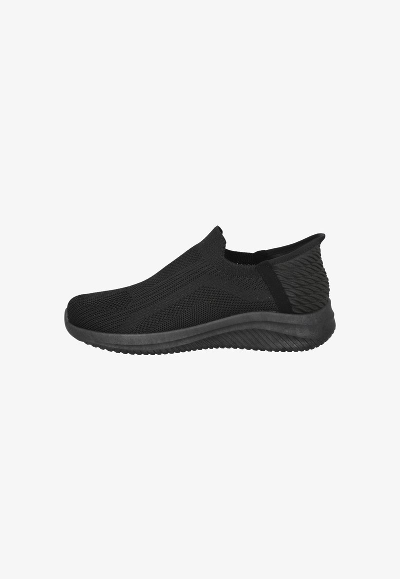 Zapatillas negras de tipo slip-on con parte superior de malla transpirable, parte trasera texturizada y suela de goma acolchada para mayor comodidad y flexibilidad.