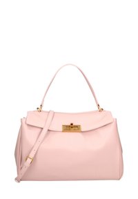 Borsa a tracolla in pelle rosa con design strutturato, dotata di manico superiore e tracolla staccabile. Dettagli in metallo dorato sulla chiusura.