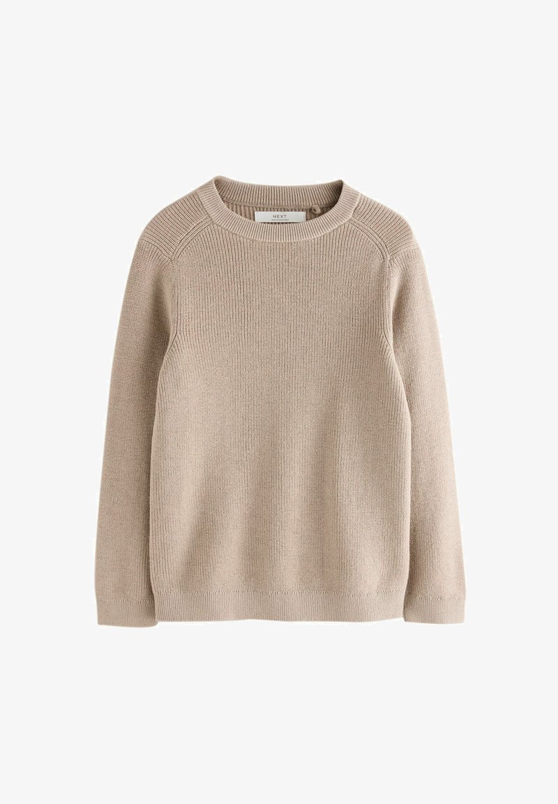 Pull beige en maille à manches longues avec col rond, poignets, ourlet et encolure côtelés, présenté sur fond blanc.