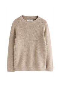Pull beige en tricot avec un col rond, texture côtelée, manches longues et détails de couture subtils le long des épaules et de l'ourlet.