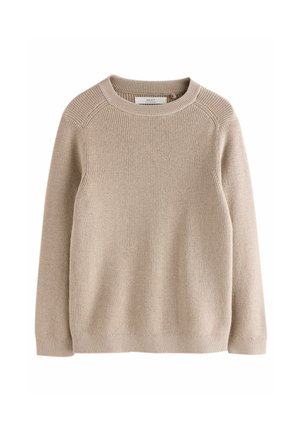 Maglione beige lavorato a maglia con scollatura rotonda, texture a coste, maniche lunghe e dettagli di cucitura sottili lungo le spalle e l'orlo.