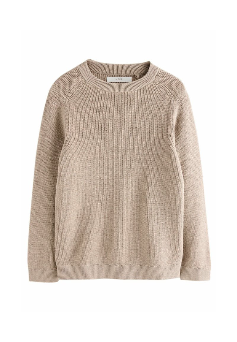Pull beige en tricot avec un col rond, texture côtelée, manches longues et détails de couture subtils le long des épaules et de l'ourlet.