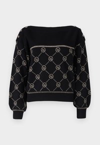 Pull-over noir à texture côtelée, présentant un motif en losange doré métallique. Comprend des boutons d'accentuation sur l'épaule.
