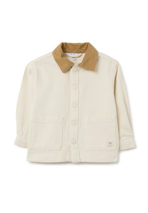 Giacca beige chiaro con colletto in corduroy marrone, dotata di chiusura a bottoni e due grandi tasche a toppa. Tessuto semplice e testurizzato.