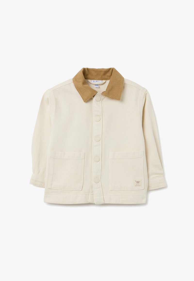 Helle beige Jacke mit einem braunen Cordkragen, Knopfverschluss vorne und zwei großen aufgesetzten Taschen. Einfacher, strukturierter Stoff.