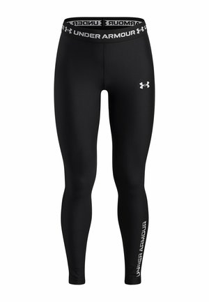 Black full-length Under Armour leggings with logo on left thigh and brand name on waistband and lower right leg.