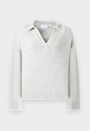 Helehall halli kootud kampsun V-kaelusega ja kraega, millel on soonilised mansetid ja alaääred ning lainelise servaga detailid.