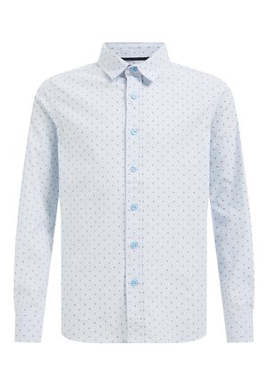 Camicia azzurro chiaro a maniche lunghe con bottoni, con piccolo motivo a pois rosso e blu navy e colletto appuntito.