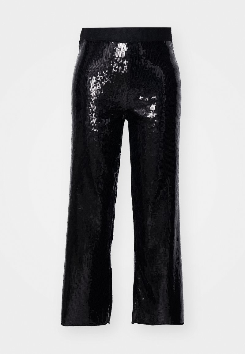 Schwarze Pailletten-Hosen mit geradem Schnitt, elastischem Bund und glänzender Oberfläche, die Licht reflektiert. Vollständig, ohne Taschen und mit glatter Verarbeitung.