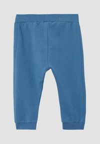 Blauwe katoenen joggerbroeken met een elastische tailleband, taps toelopende boorden en een fijne textuur. Eenvoudig ontwerp zonder patronen of accenten.