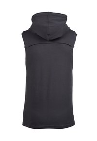 Mouwloze hoodie van donkergrijze stof. Soepele textuur met een capuchon met trekkoorden. Heeft een eenvoudig ontwerp en een nette, rechte snit.
