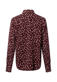 Langarmshirt in donker bordeaux met een wit abstract bloemenpatroon, voorzien van een kraag en knoopmanchetten, gemaakt van een zachte stof.