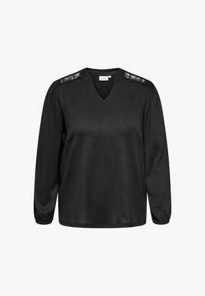 Blouse noire à manches longues avec décolleté en V, tissu texturé, corsage ajusté et accents en dentelle embellis sur les épaules.