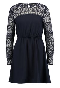 Dunkelblaues Kleid mit langen Spitzenärmeln, rundem Ausschnitt und elastischem Taillengummi. Die Ärmel weisen geometrische Muster und eine durchsichtige Textur auf.