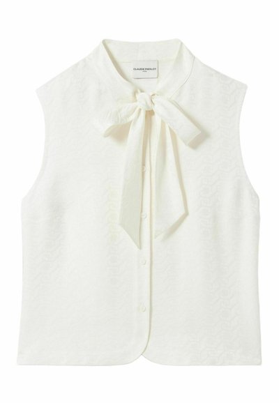 Blusa blanca sin mangas con lazo en el cuello, que presenta un patrón texturizado, cierre frontal de botones y un diseño de cuello clásico.