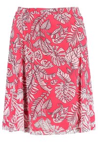 Jupe rose avec un motif de feuilles blanches, taille élastique et design fluide. Fabriquée en tissu léger et respirant.