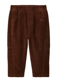 Pantalons en velours côtelé marron avec une taille élastique, dotés de poches latérales et d'un motif rayé vertical texturé.