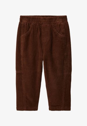 Pantalons en velours côtelé marron avec une taille élastique, dotés de poches latérales et d'un motif rayé vertical texturé.