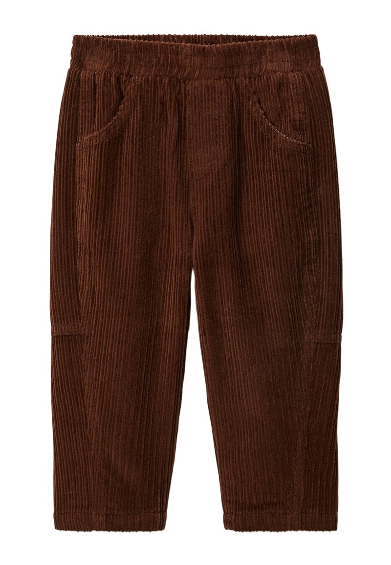Pantalons en velours côtelé marron avec une taille élastique, dotés de poches latérales et d'un motif rayé vertical texturé.