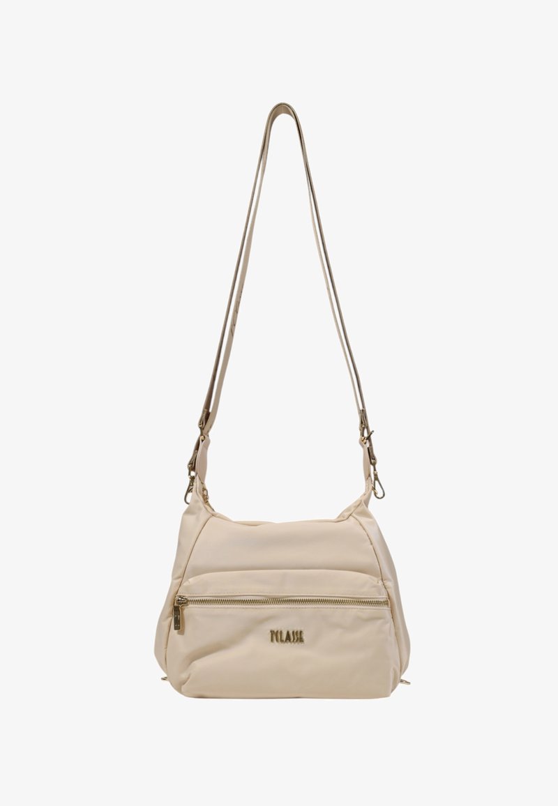 Borsa a spalla sintetica beige con una texture liscia, hardware dorato, tracolla regolabile e tasca frontale con zip. Presenta il logo del marchio in oro.