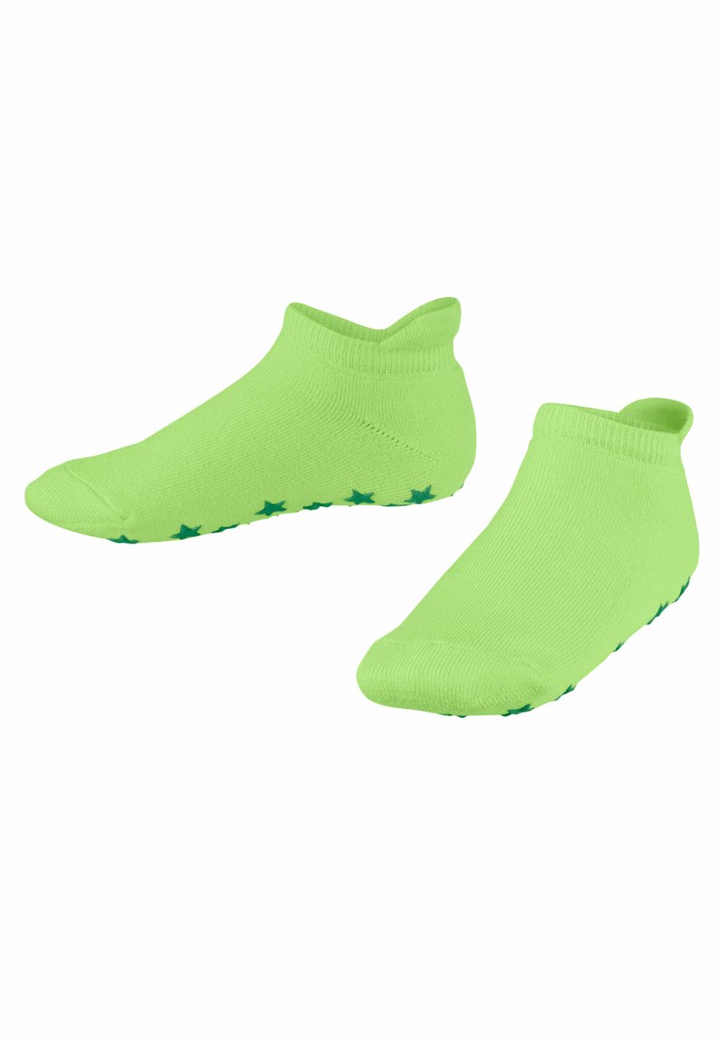 Grüne Knöchelsocken aus weichem Stoff, mit strukturierter Sohle und grünen Sternmustern für einen guten Halt sowie einem gerippten Bund für einen sicheren Sitz.