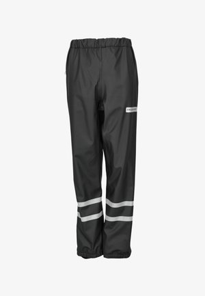 Zwarte waterdichte broek gemaakt van synthetisch materiaal met een elastische tailleband, voorzien van twee reflecterende witte strepen bij de boorden.