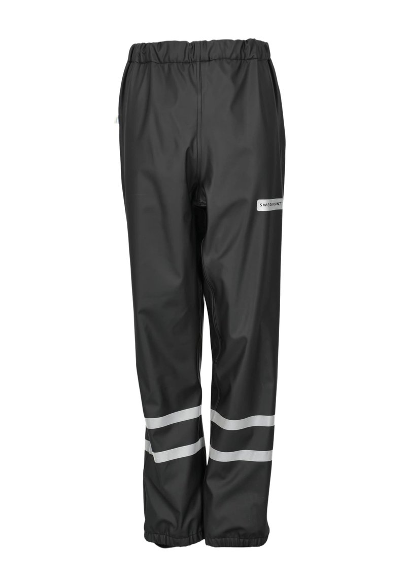 Sorte vandtætte bukser lavet af syntetisk materiale med elastisk talje, med to reflekterende hvide striber nær manchetterne.