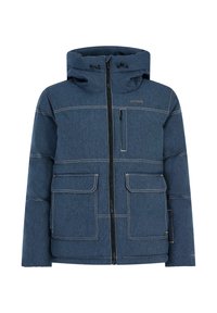 Giacca imbottita blu con cappuccio, zip frontale, due grandi tasche con patta e una tasca verticale sul petto, con cuciture a contrasto e piccolo logo.