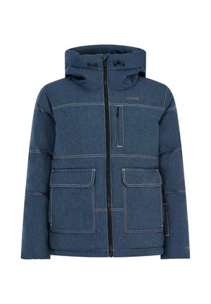 Blaue gepolsterte Jacke mit Kapuze, Frontreißverschluss, zwei großen Klappen Taschen und einer vertikalen Brusttasche, mit kontrastierenden Nähten und kleinem Logo.
