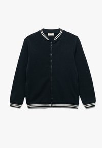 Marine blauwe zip-up sweatshirt met witte gestreepte accenten op de kraag en manchetten. Gemaakt van gestructureerde stof, met zijzakken en een klassieke pasvorm.