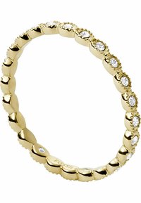 Gold-tone metal ring featuring rounded edges, set with alternating clear gemstones, creating a textured design throughout the band.