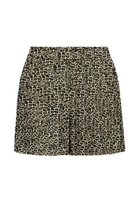 Pantalones cortos de estampado de leopardo con una cintura ajustada, que presentan un patrón abstracto en colores negro y beige, fabricados en tejido ligero.